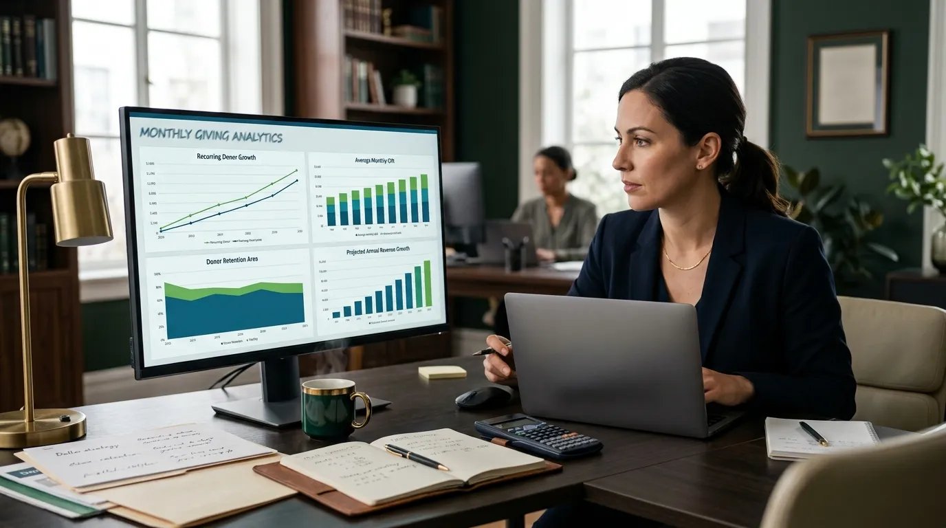 Nonprofit organization analytics dashboard showing website performance, engagement metrics and program data
