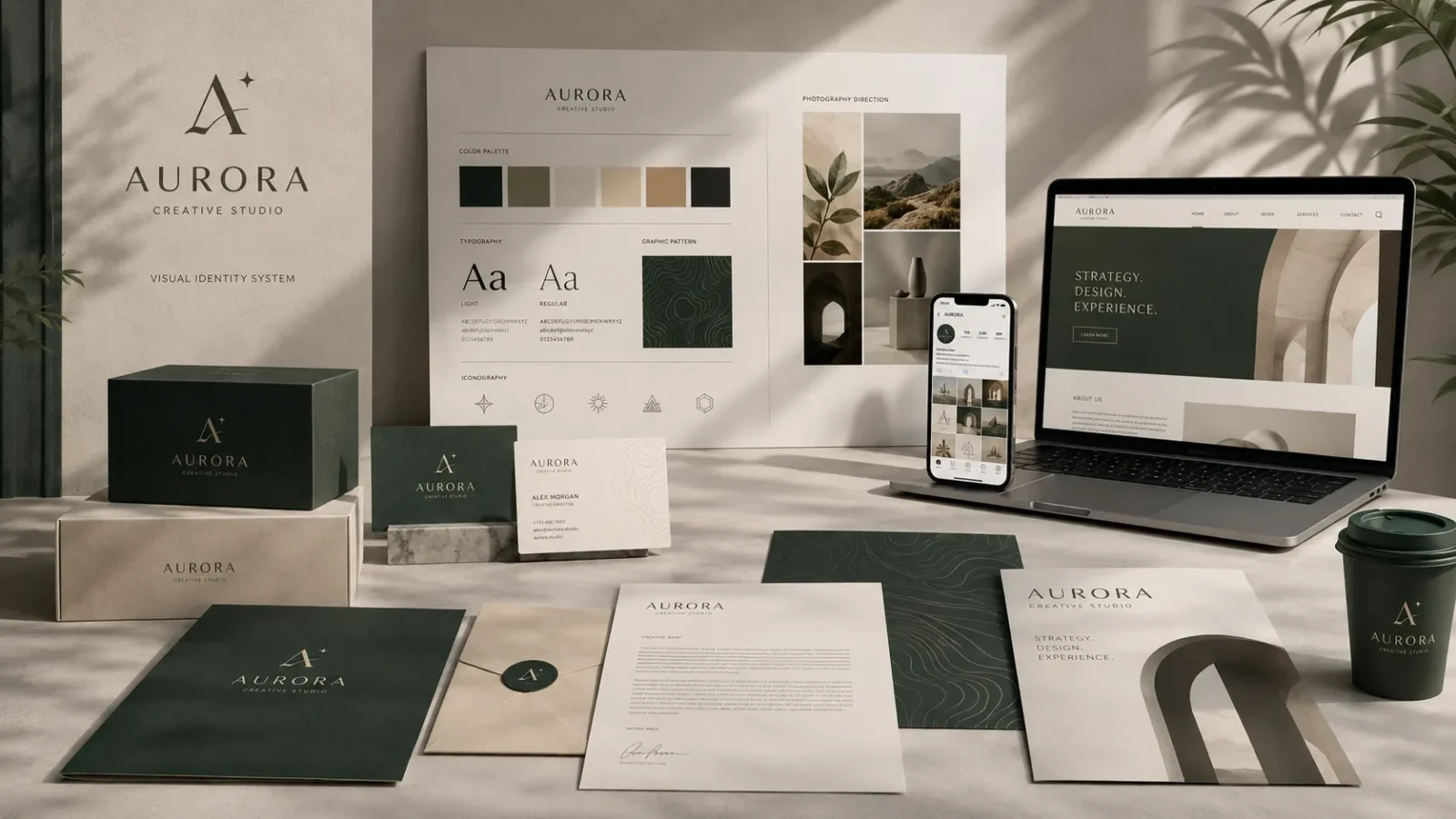 Brand identity design system featuring logo, typography, color palette, photography direction, packaging, stationery, social media, website components, and visual identity guidelines