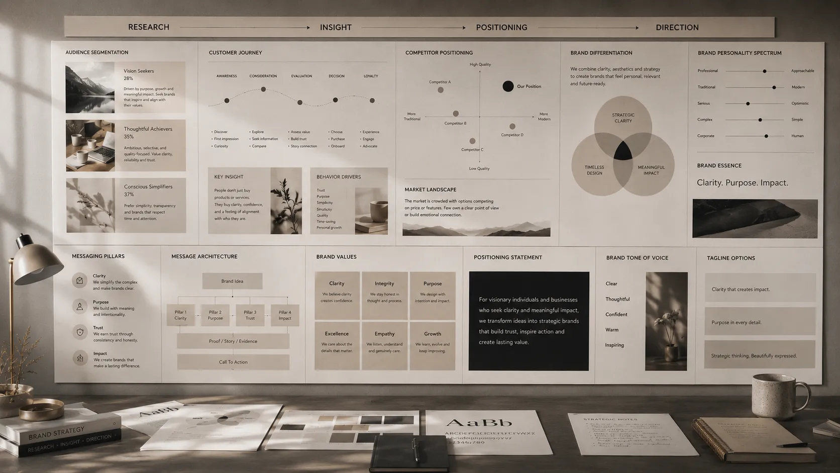 Brand strategy services framework showing audience segmentation, customer journey, competitor positioning, and messaging pillars
