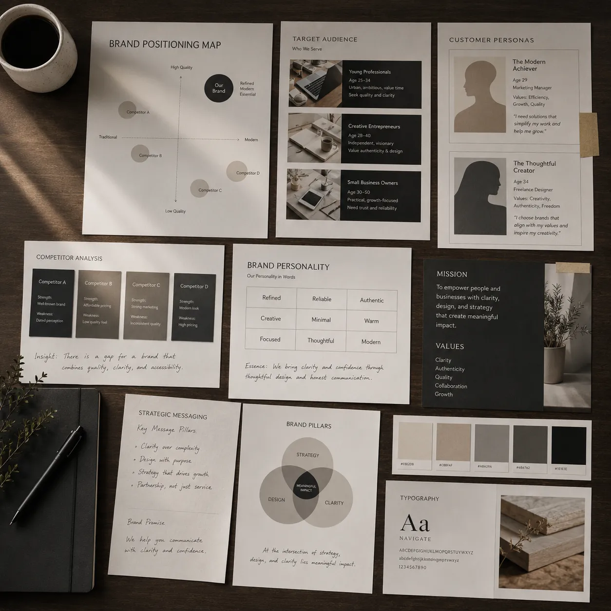Brand strategy services moodboard showing brand positioning, customer personas, competitor analysis, and brand identity