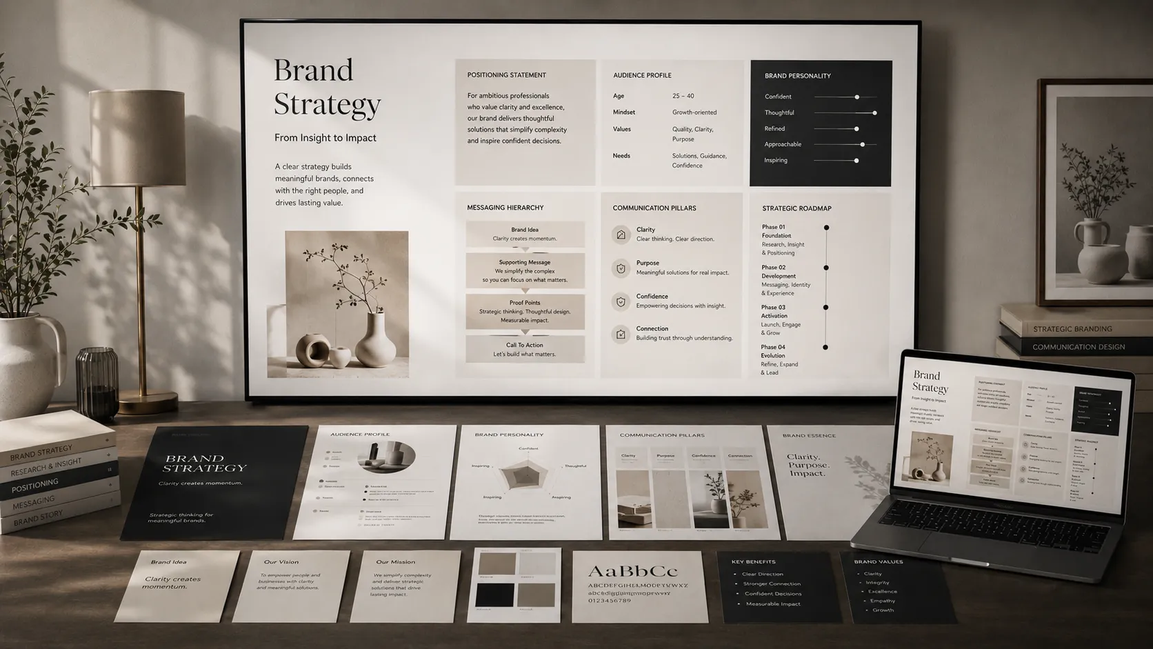 Brand strategy services presentation showing brand positioning, audience profile, communication pillars, and strategic roadmap