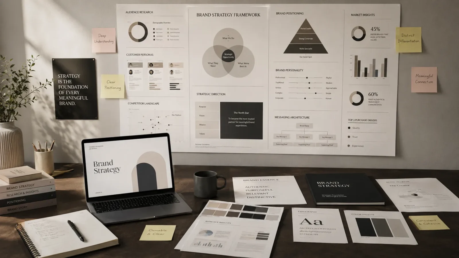 Brand strategy services workspace showing audience research, positioning, market insights, and strategic direction