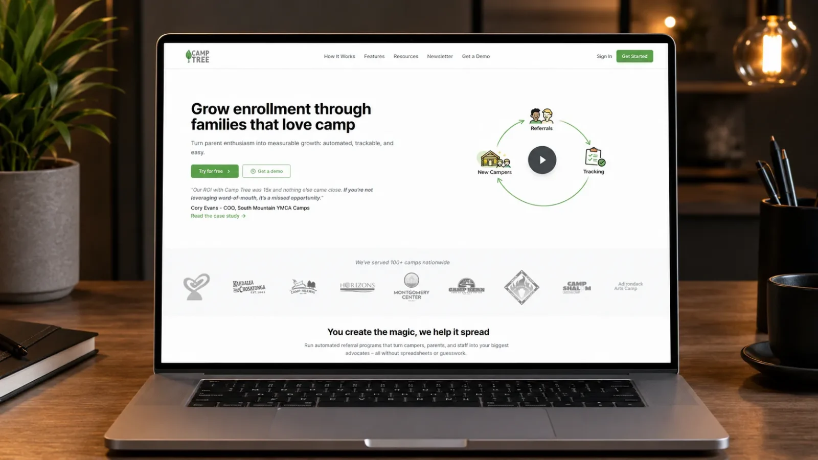 Camp Tree referral marketing platform website displayed on a laptop