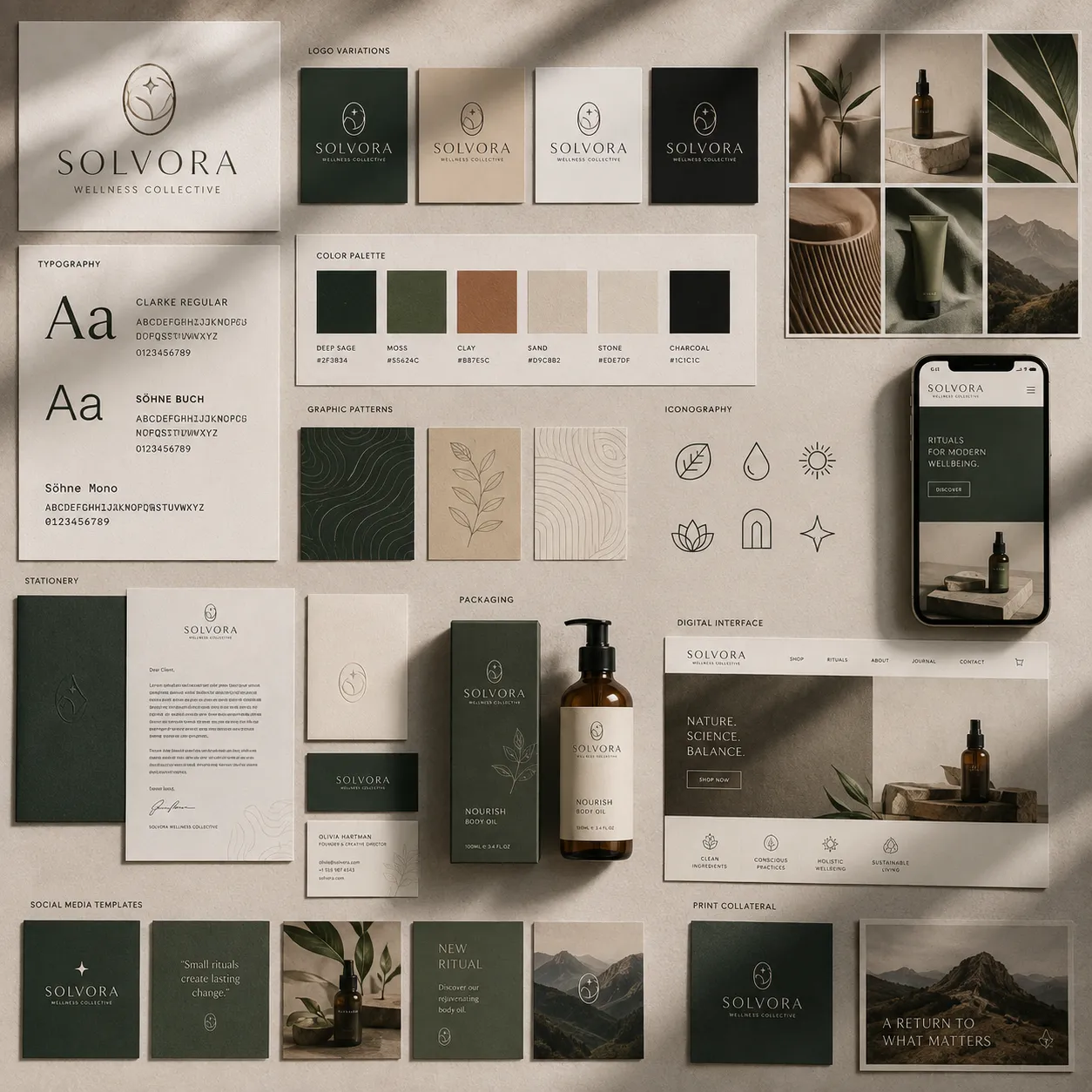 Complete brand identity and branding presentation showcasing logo design, website design, packaging, stationery, social media, and cohesive visual identity