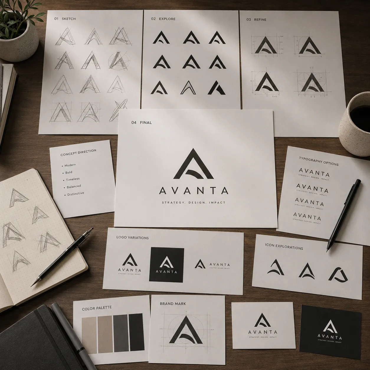 Complete brand identity design presentation featuring logo design, website, stationery, packaging, and branded business materials