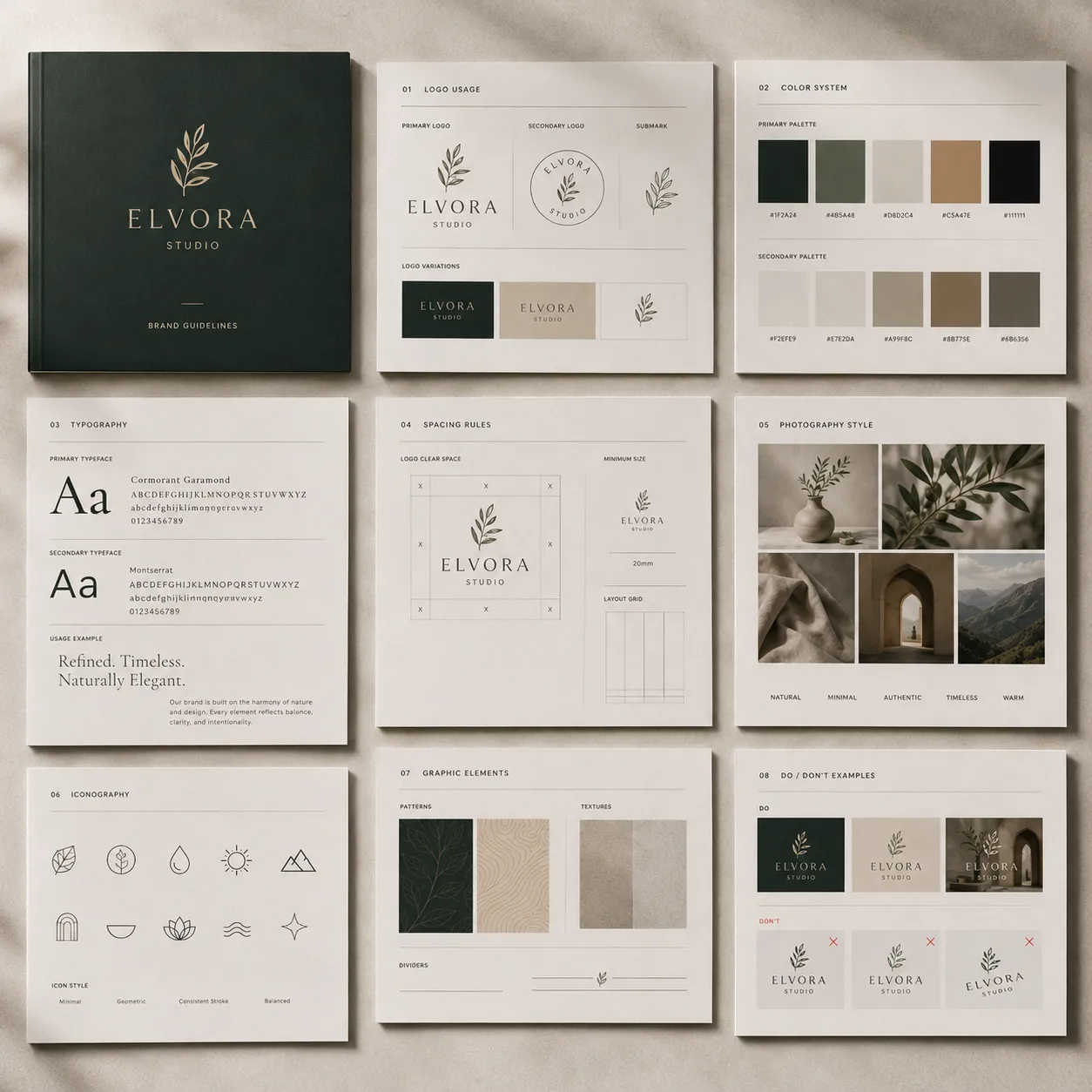 Complete brand identity design presentation featuring logo guidelines, color palette, typography, photography direction, website design, packaging, stationery, and branded materials