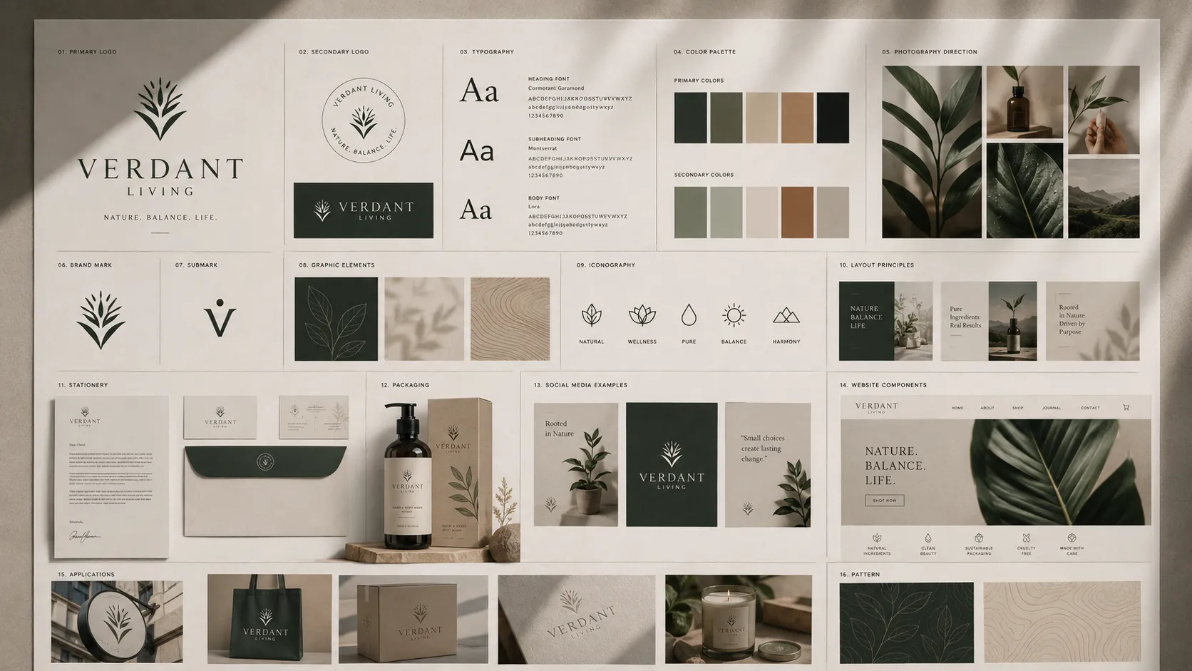 Creative brand identity system showcasing logo design, visual identity guidelines, typography, color palette, graphic patterns, stationery, packaging, website design, and branded materials