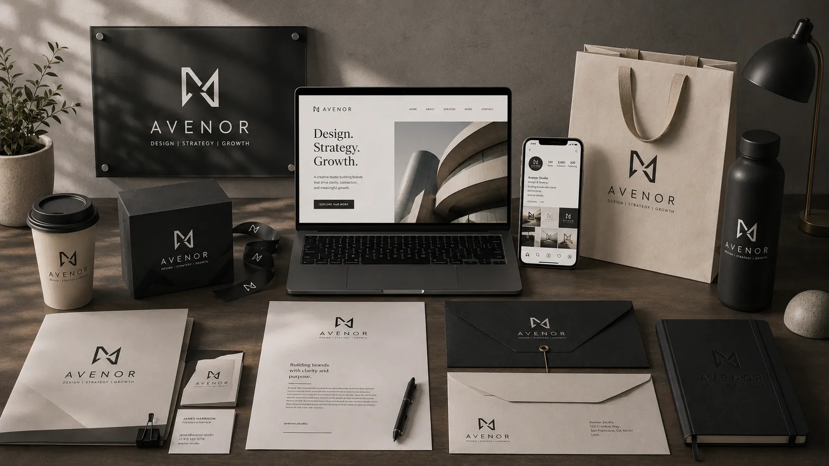 Creative logo design development showing sketch exploration, logo variations, typography, color palette, brand mark construction, and visual identity