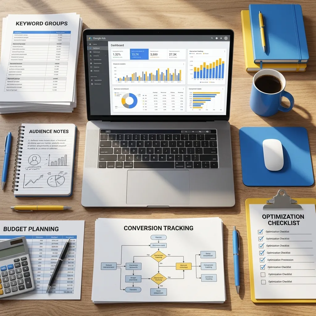 Google Ads campaign dashboard with keyword groups audience notes and conversion tracking