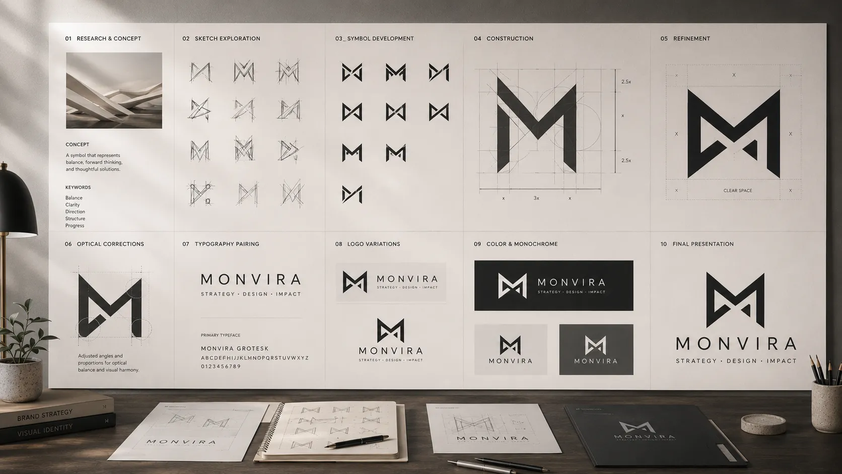 Logo design process showing research, sketch exploration, symbol development, construction, refinement, typography, and brand identity guidelines