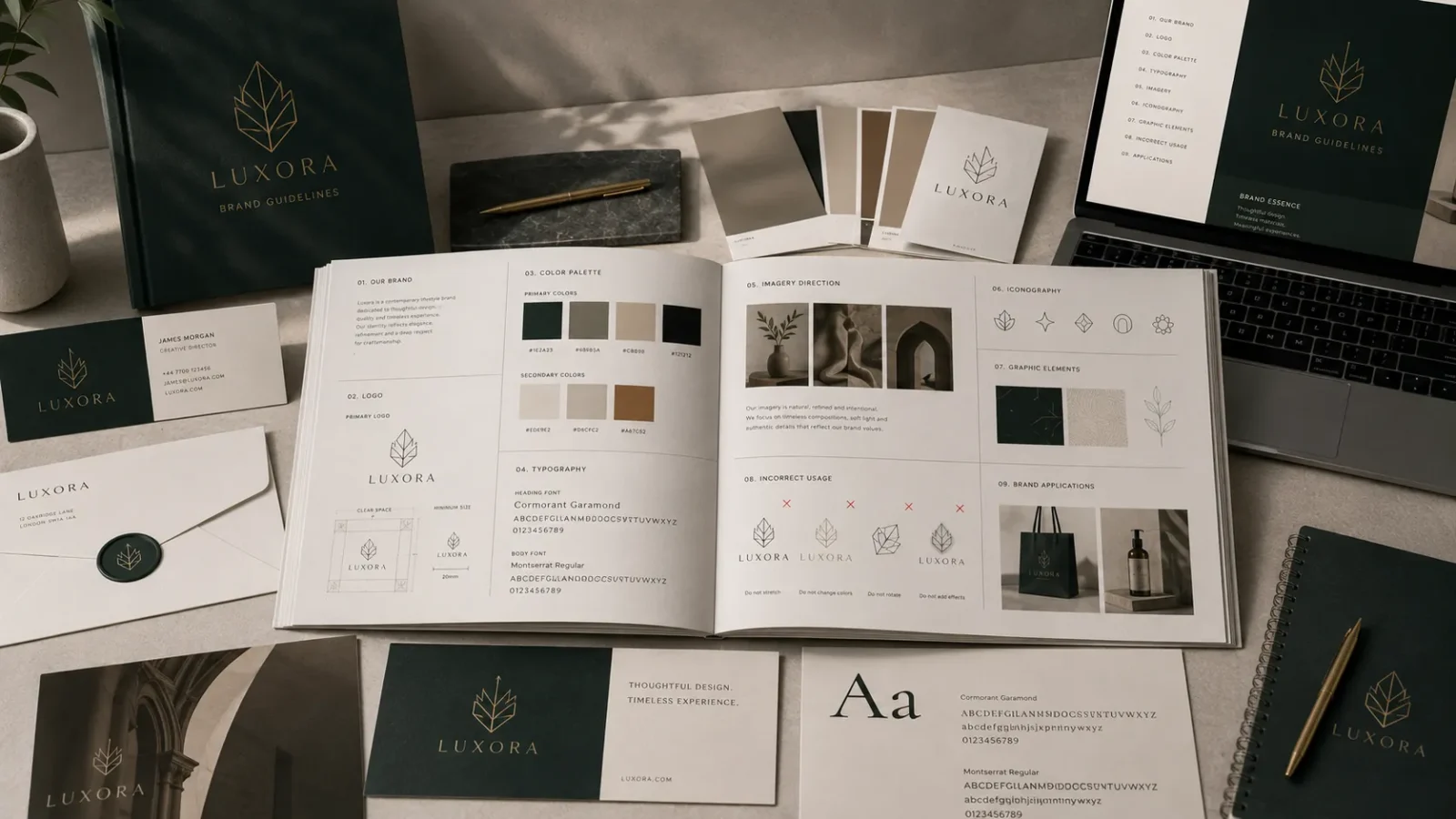 Luxury brand guidelines and visual identity design featuring logo construction, color palette, typography, iconography, photography direction, graphic elements, and brand applications