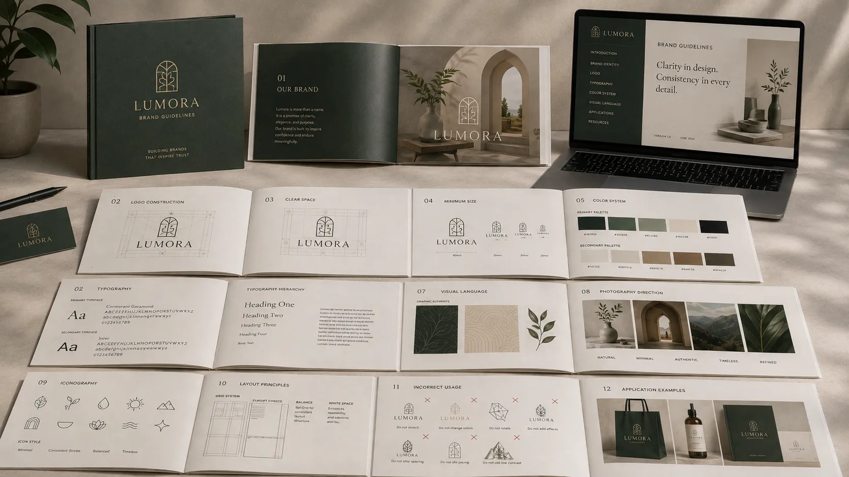 Luxury brand identity system featuring logo design, brand guidelines, color system, typography, visual language, photography direction, iconography, and brand application examples
