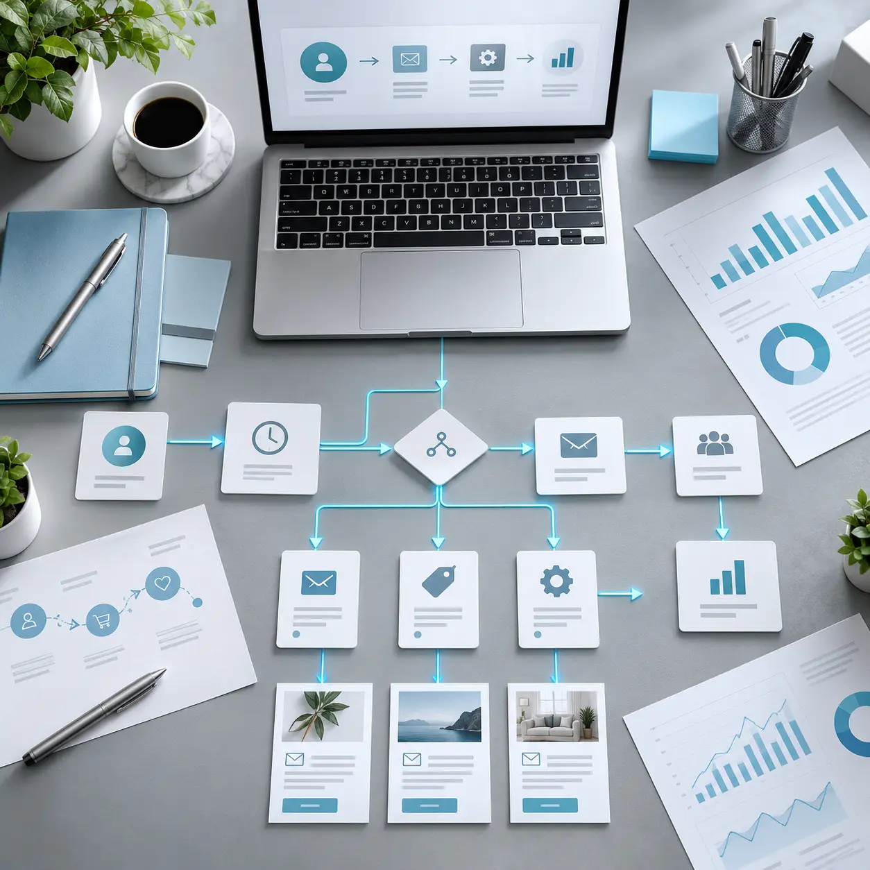 Marketing automation customer journey workflow with email campaigns and analytics