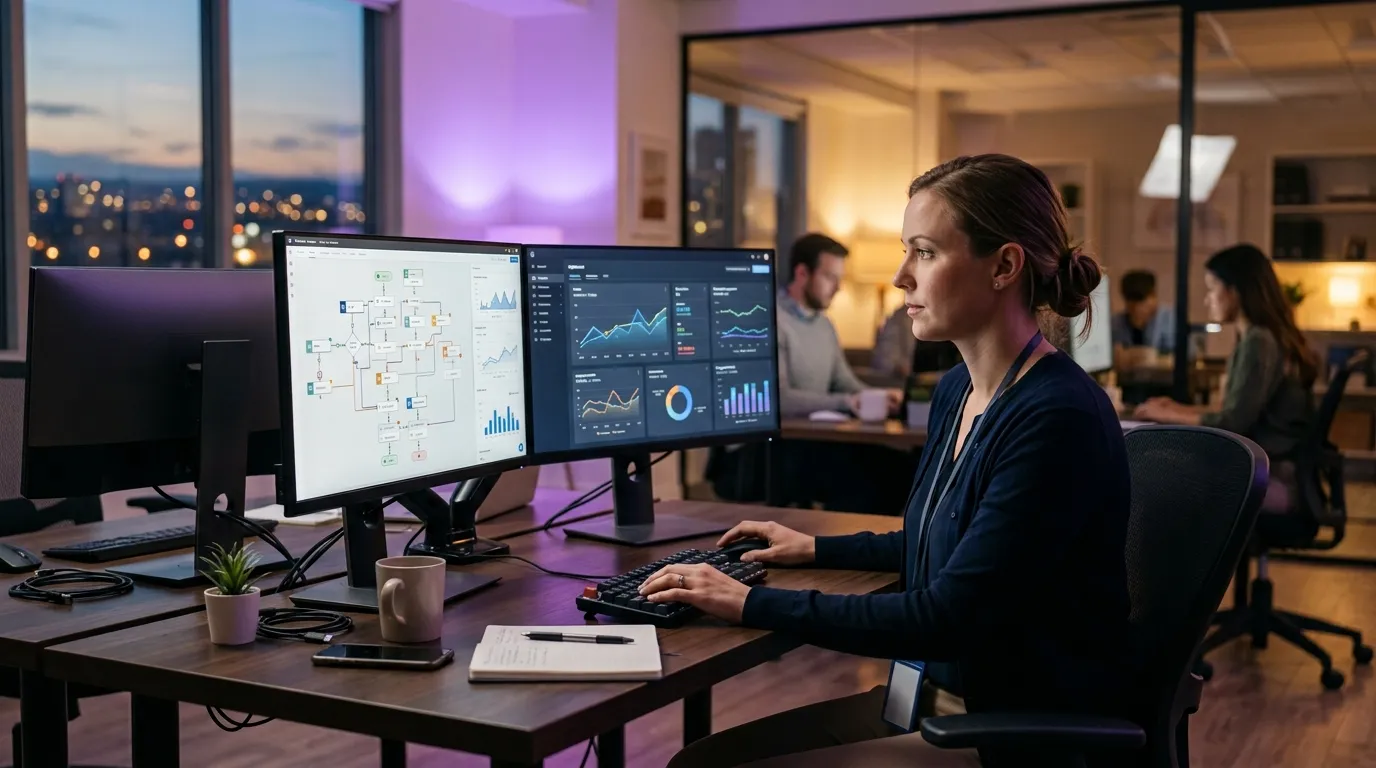 Marketing automation specialist managing workflow dashboards and campaign analytics
