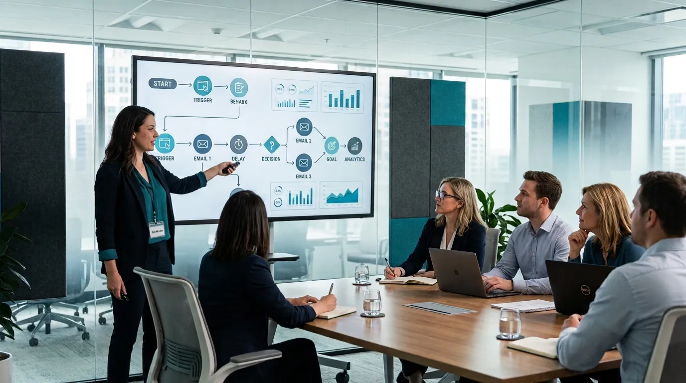 Marketing automation strategy meeting with automated email workflow and performance analytics