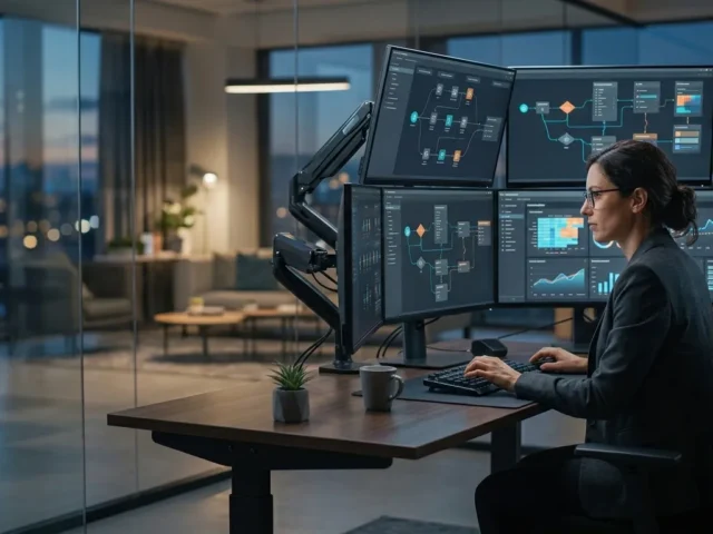 Marketing automation workflow with analytics dashboards in a modern office