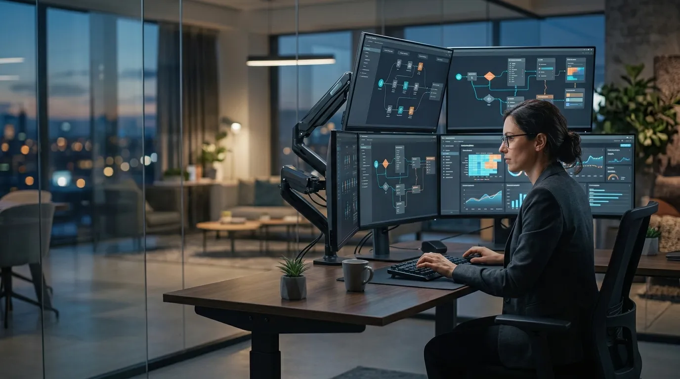 Marketing automation workflow with analytics dashboards in a modern office