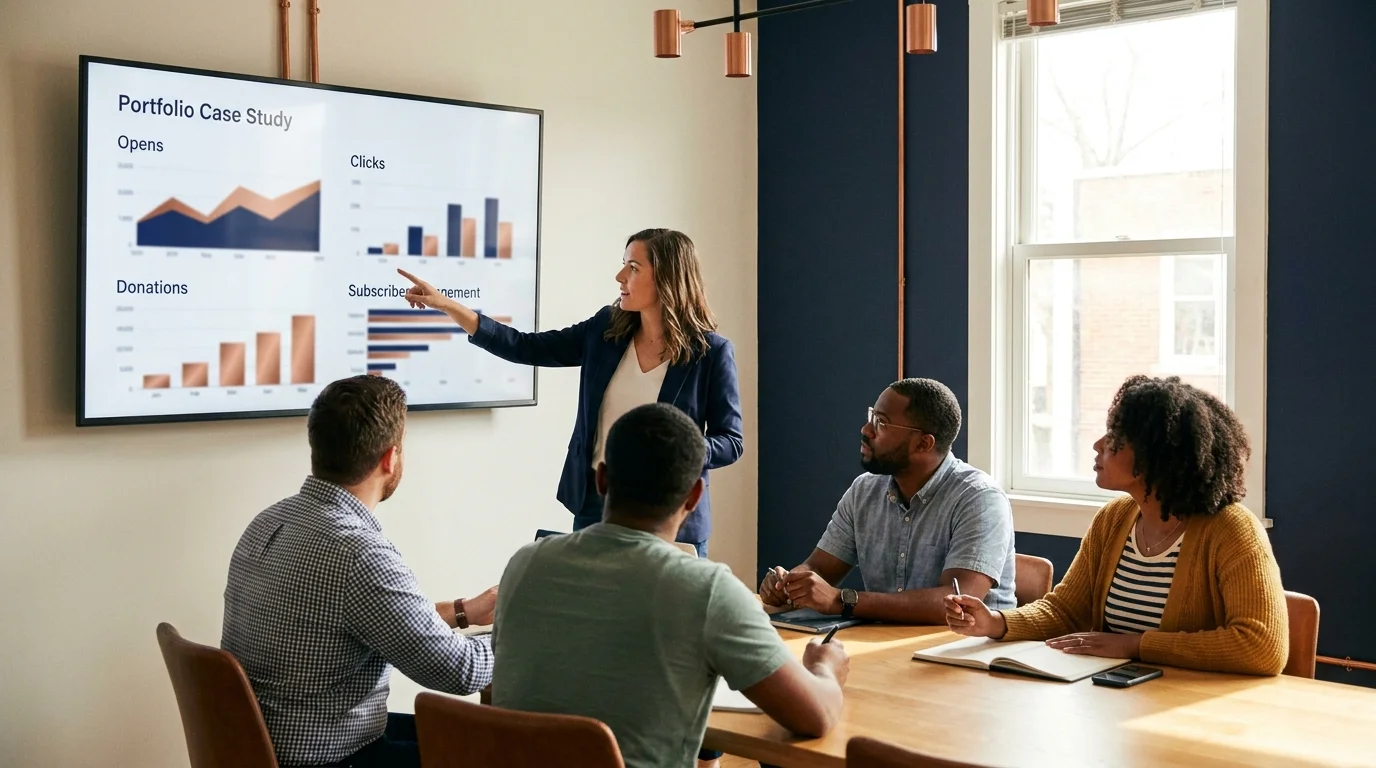 Nonprofit email marketing strategy meeting with campaign performance analytics