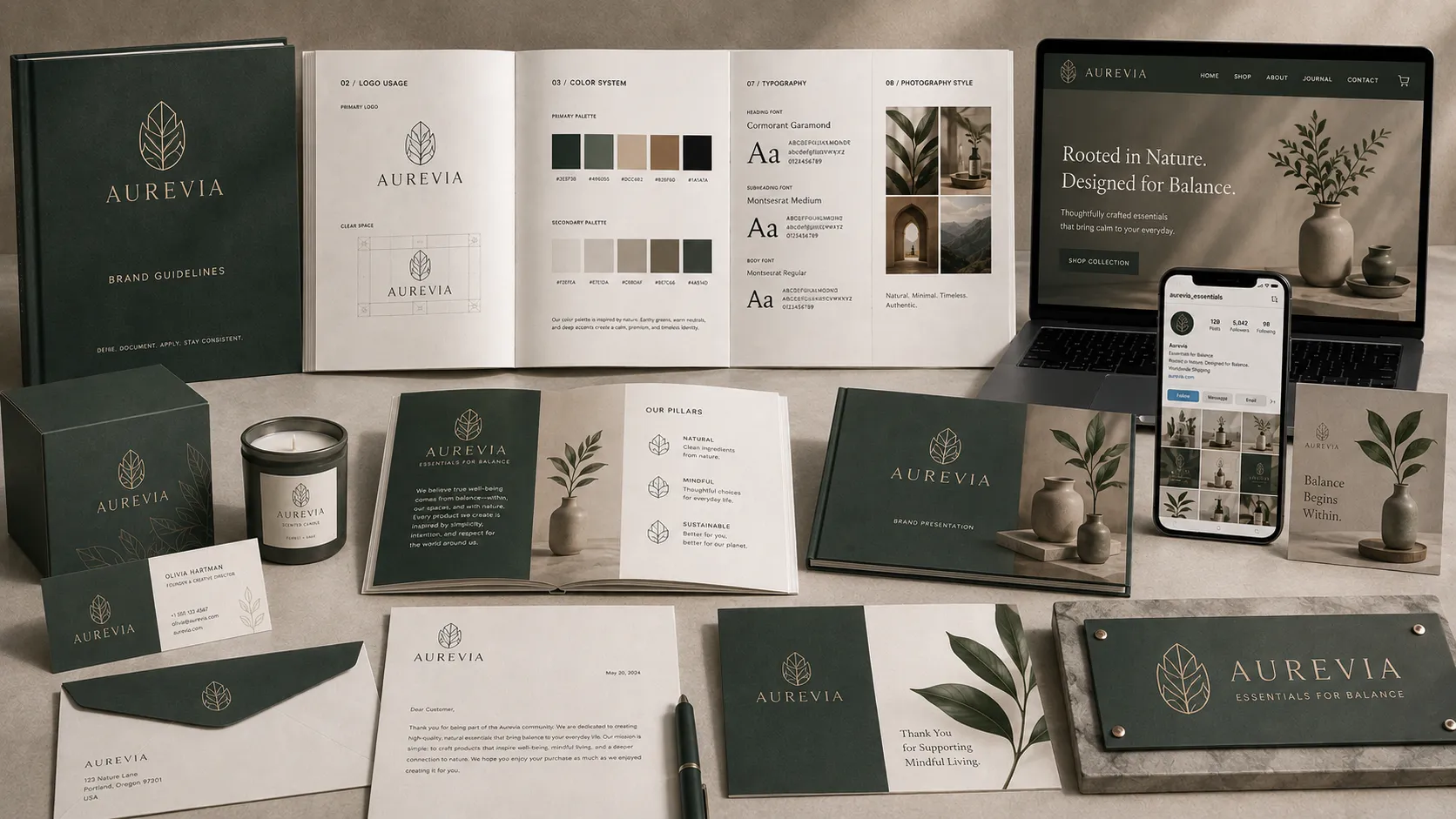 Professional brand identity guidelines showcasing logo usage, color system, typography, spacing rules, photography style, iconography, graphic patterns, and visual branding standards