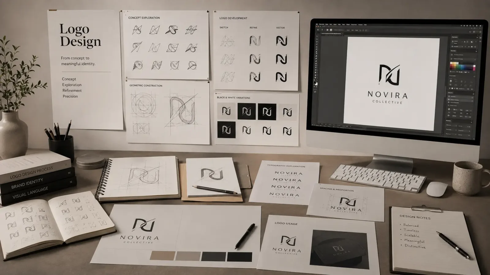 Professional logo design process showing concept exploration, geometric construction, typography, color palette, and brand identity development