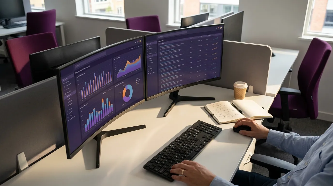 SEO and digital marketing specialist reviewing search analytics on dual monitors