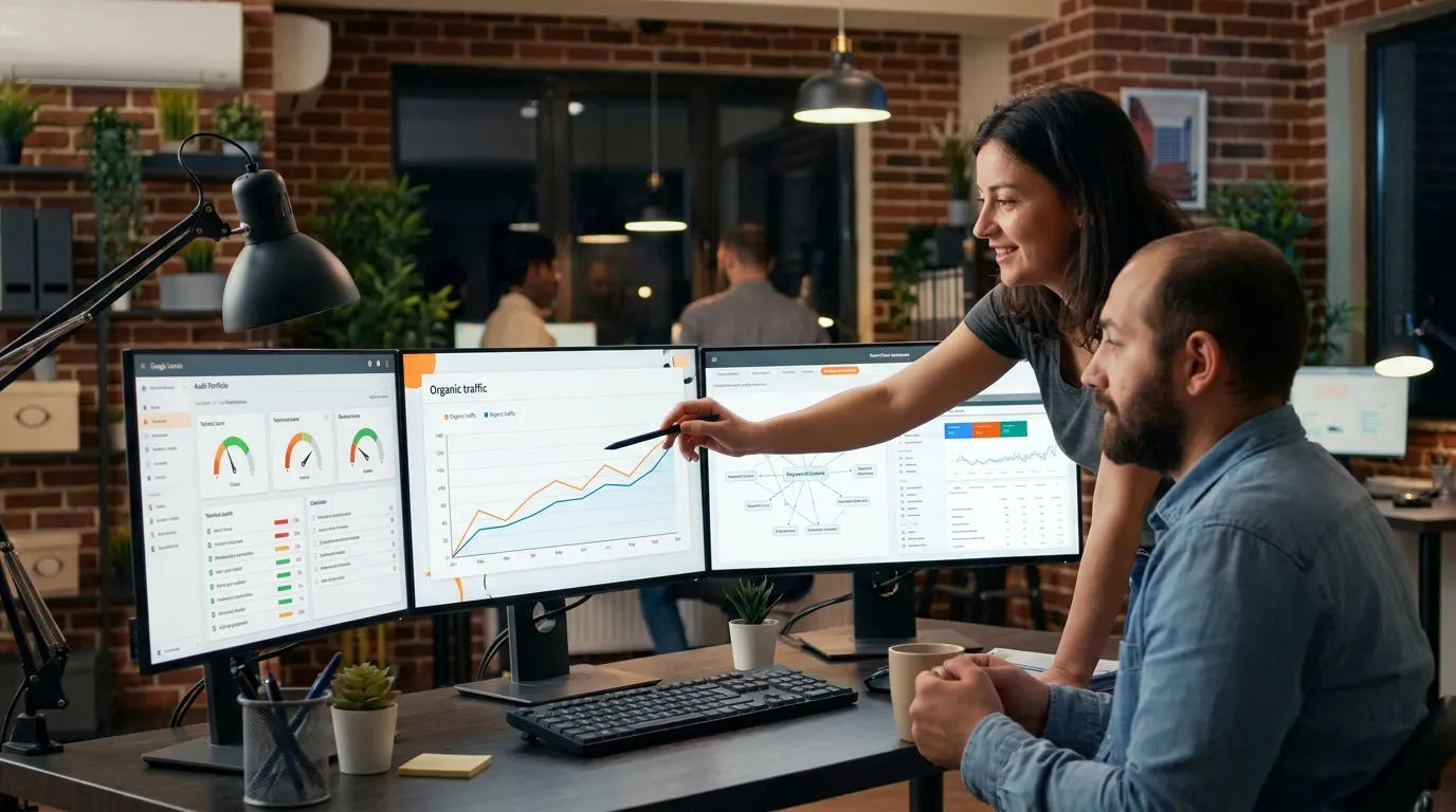 SEO professionals reviewing organic traffic analytics and website performance