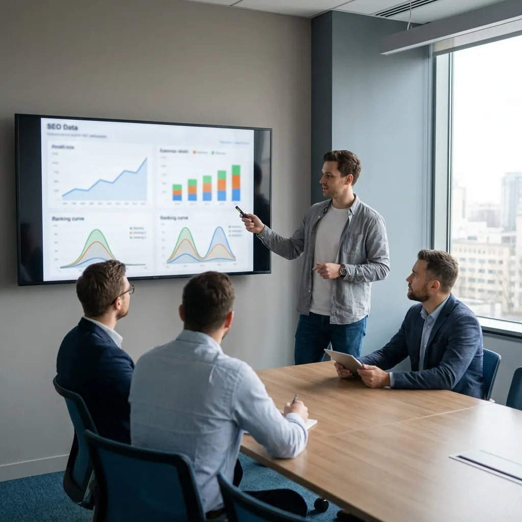 SEO team reviewing search engine optimization data and performance metrics