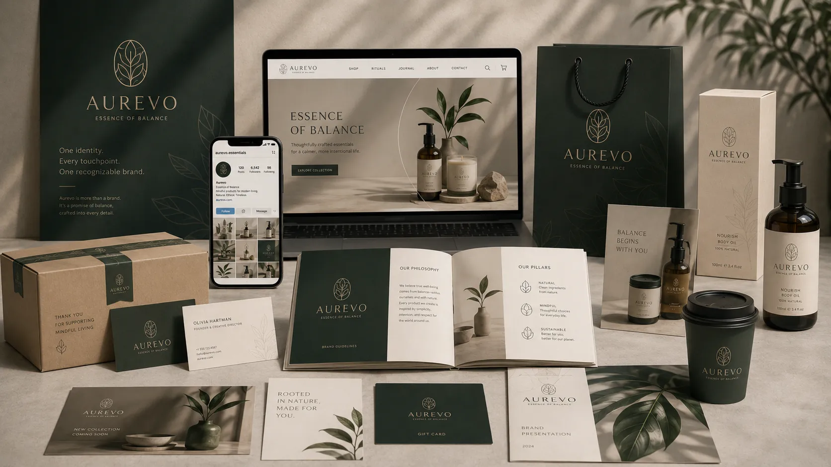 Wellness brand identity design featuring logo variations, typography, color palette, graphic patterns, iconography, packaging, digital interface, and print collateral