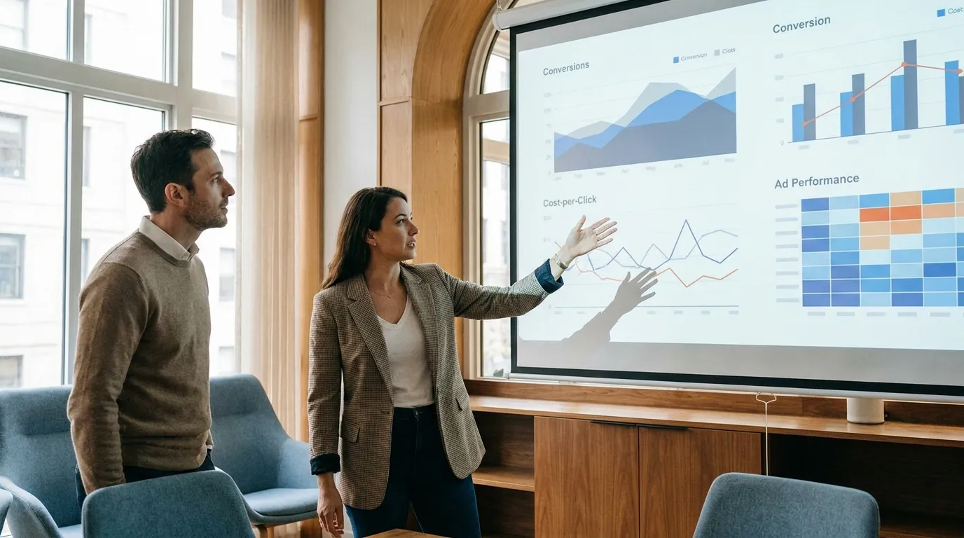 digital marketing professionals analyzing conversion and advertising performance data