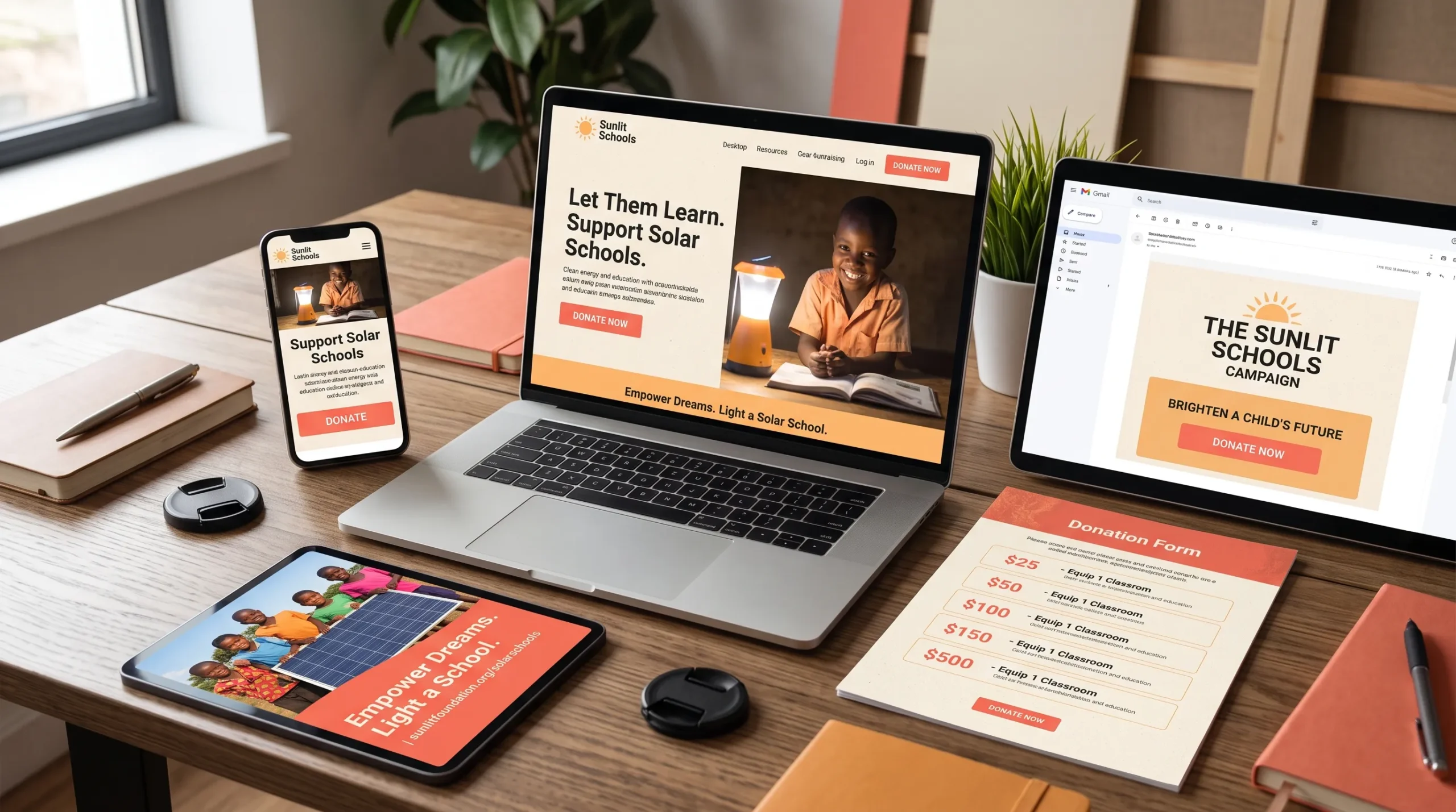 education nonprofit website design with solar schools donation campaign