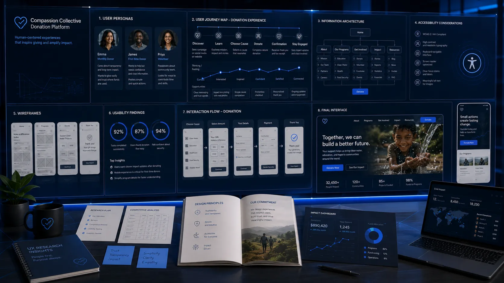 nonprofit UX research and website design case study with wireframes and user journey