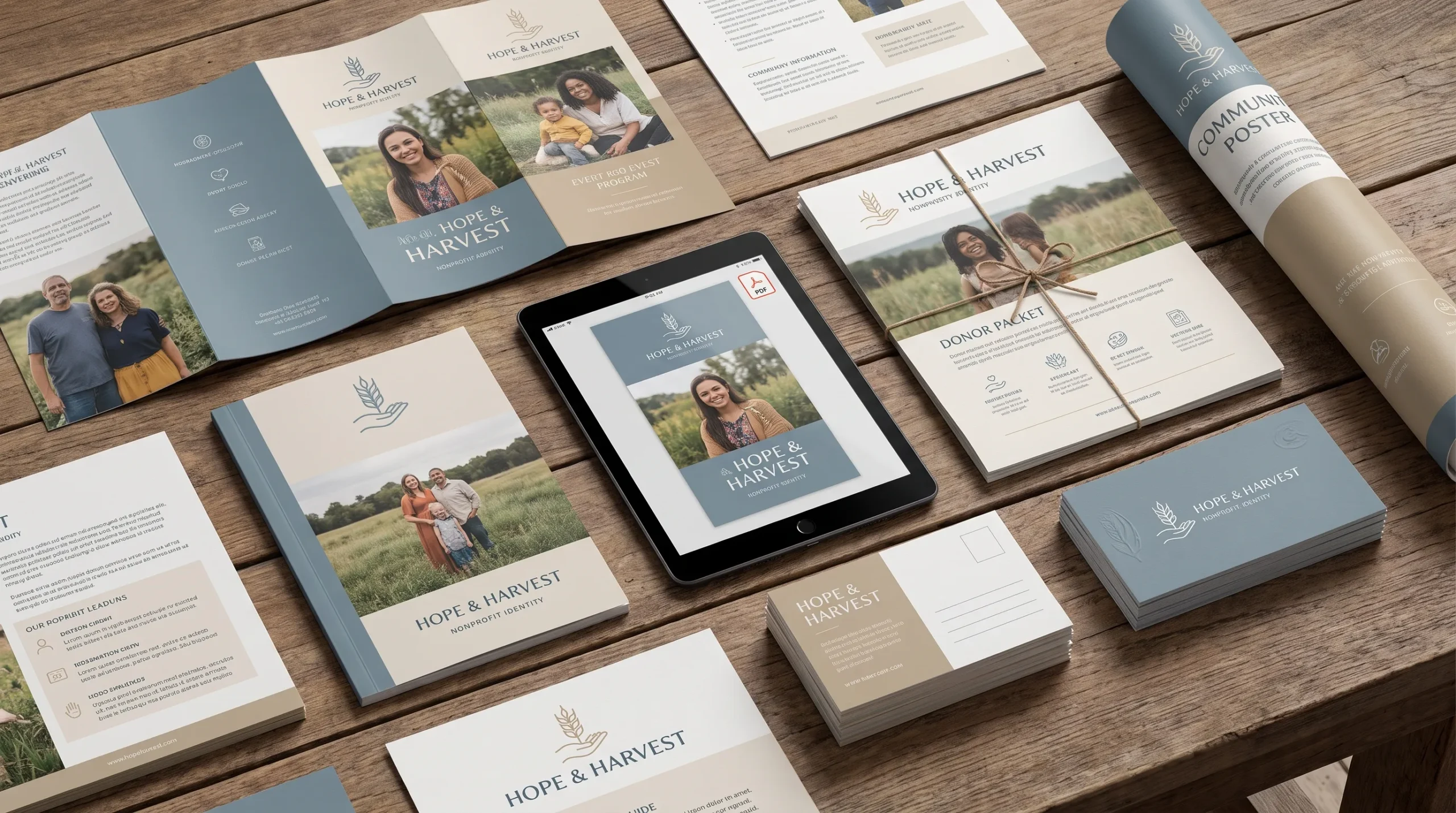 Nonprofit annual report and brand identity design featuring community programs, donor information and organizational impact