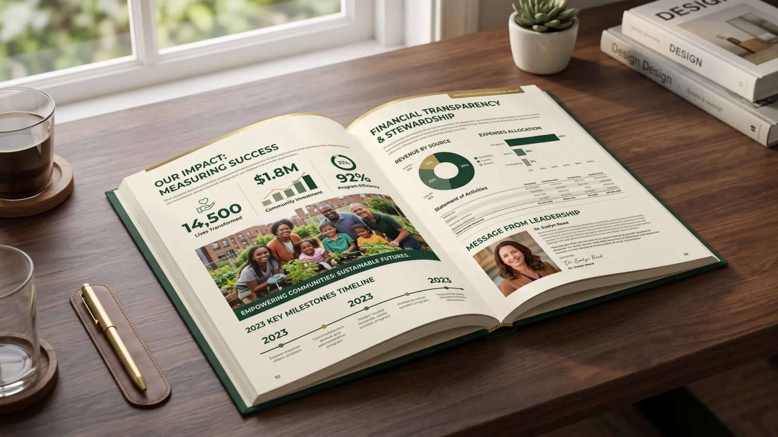 nonprofit annual report design showing financial transparency impact statistics and community investment