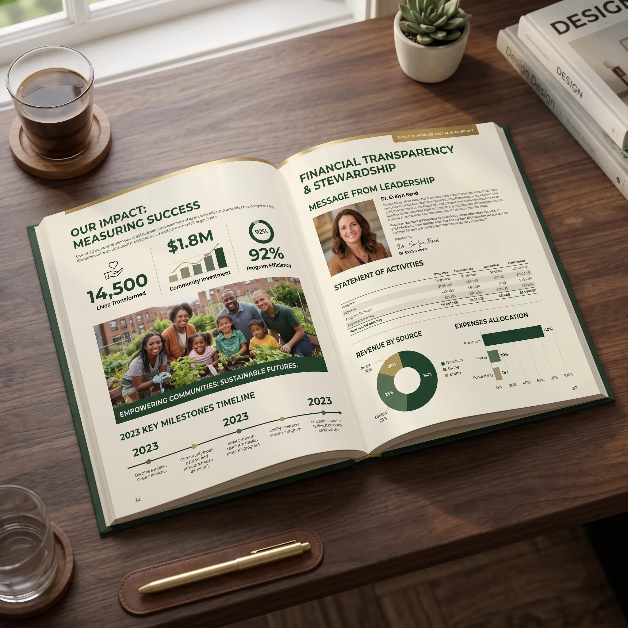 nonprofit annual report editorial layout with mission impact statistics programs and financial charts