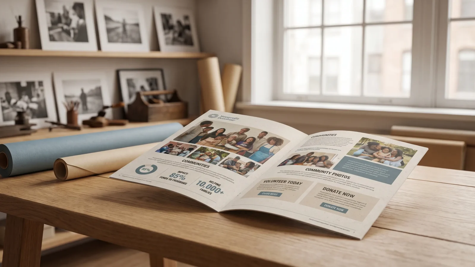 Nonprofit brochure design featuring community impact, volunteer opportunities, donation information and program statistics