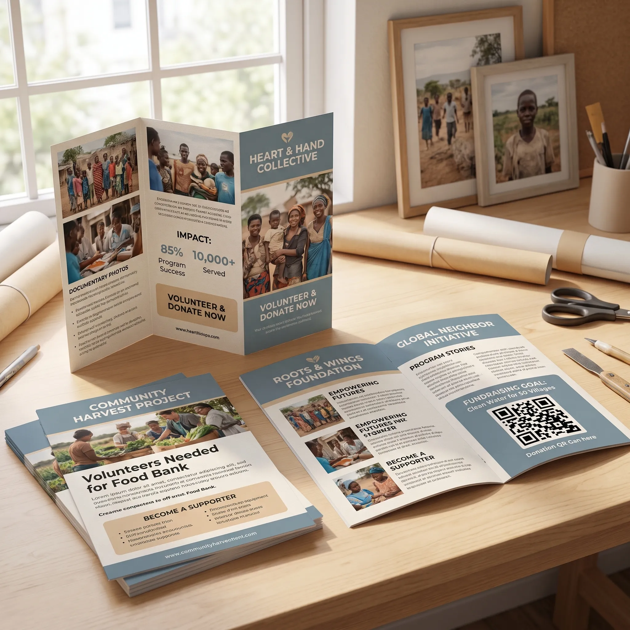 Nonprofit brochure and fundraising campaign design featuring community programs, volunteer support and donation call to action