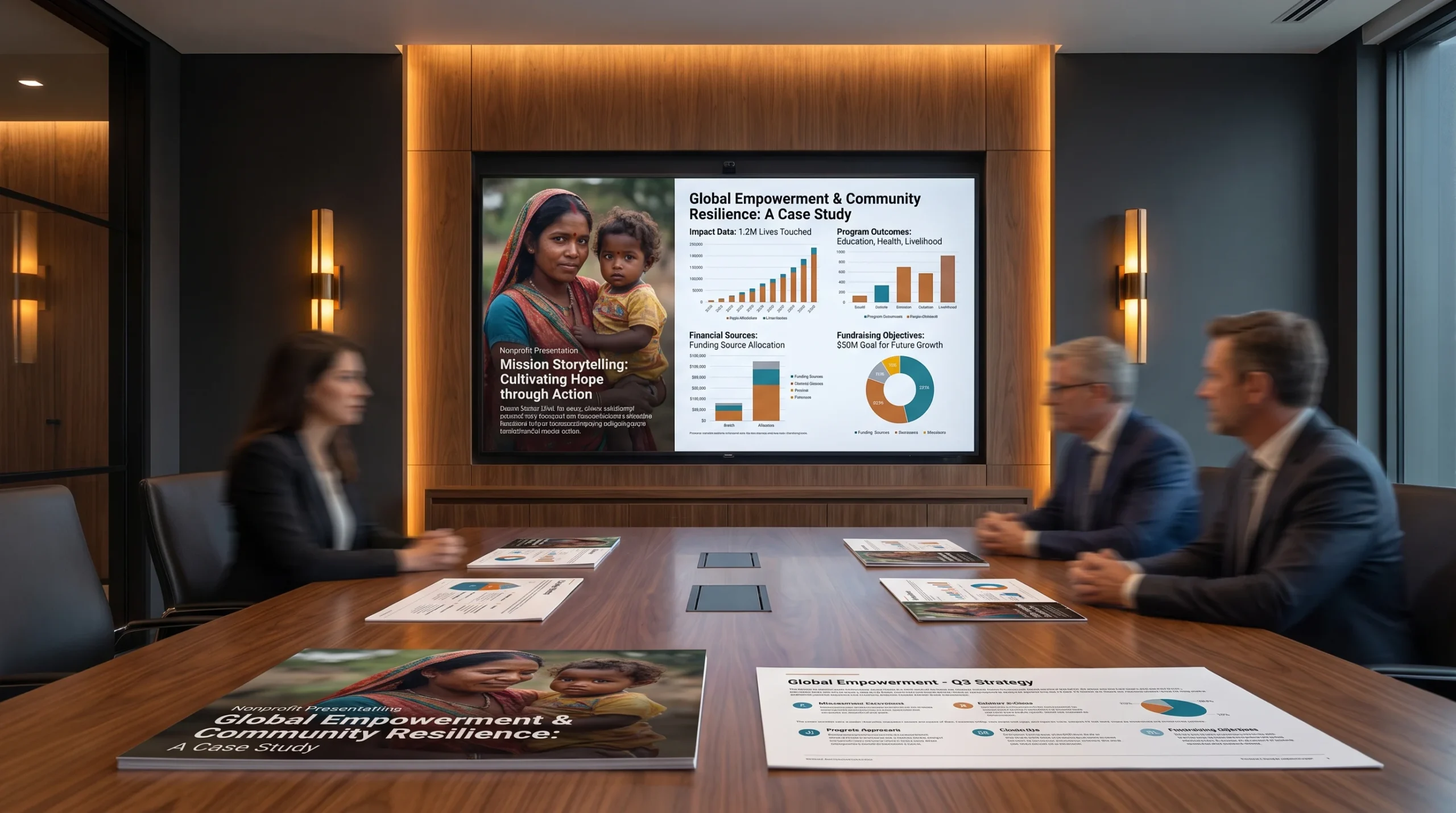 Nonprofit community impact case study presentation featuring program outcomes, financial data and fundraising objectives