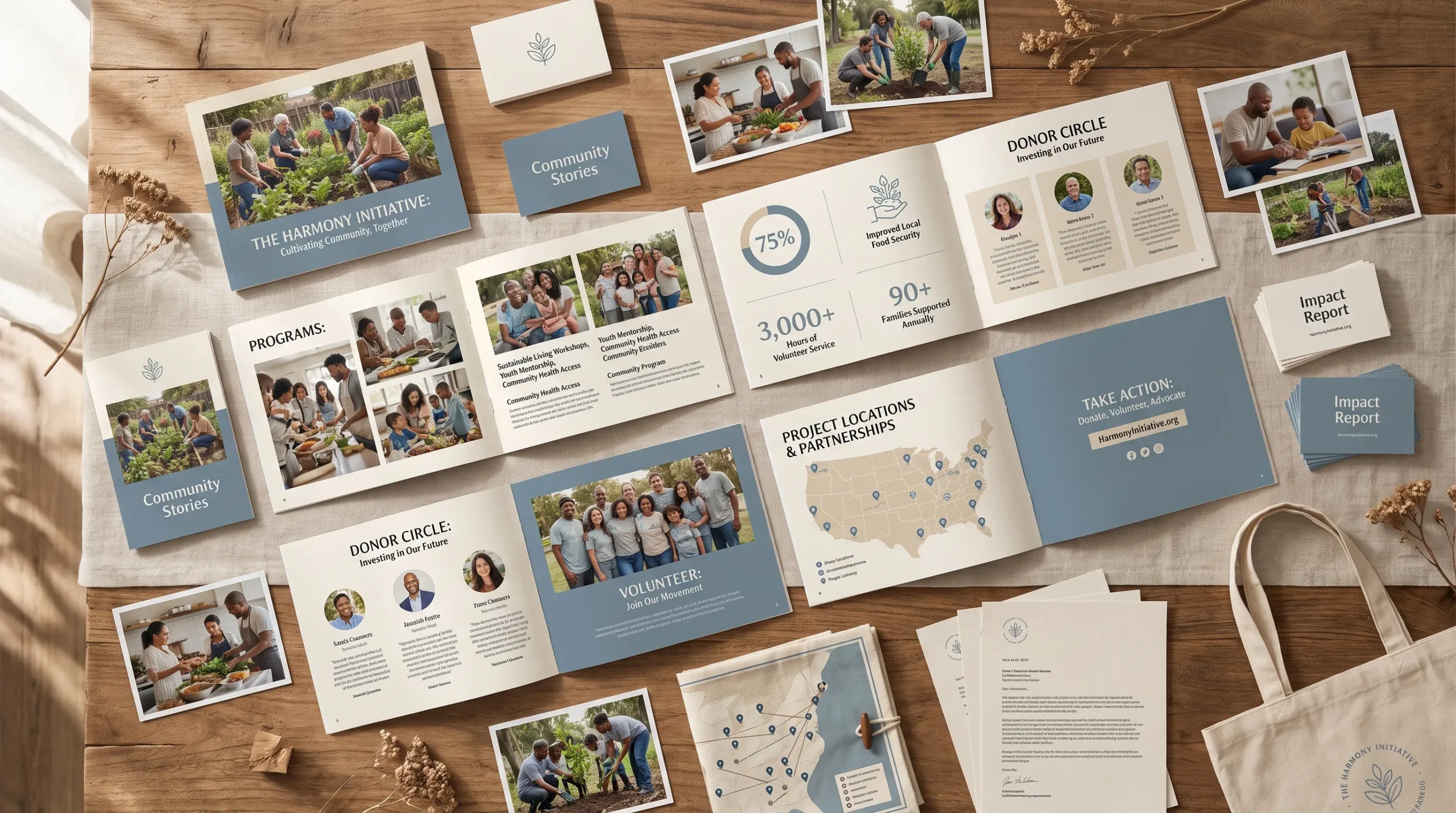 Nonprofit community impact report design featuring programs, donor stories, project locations and partnership information