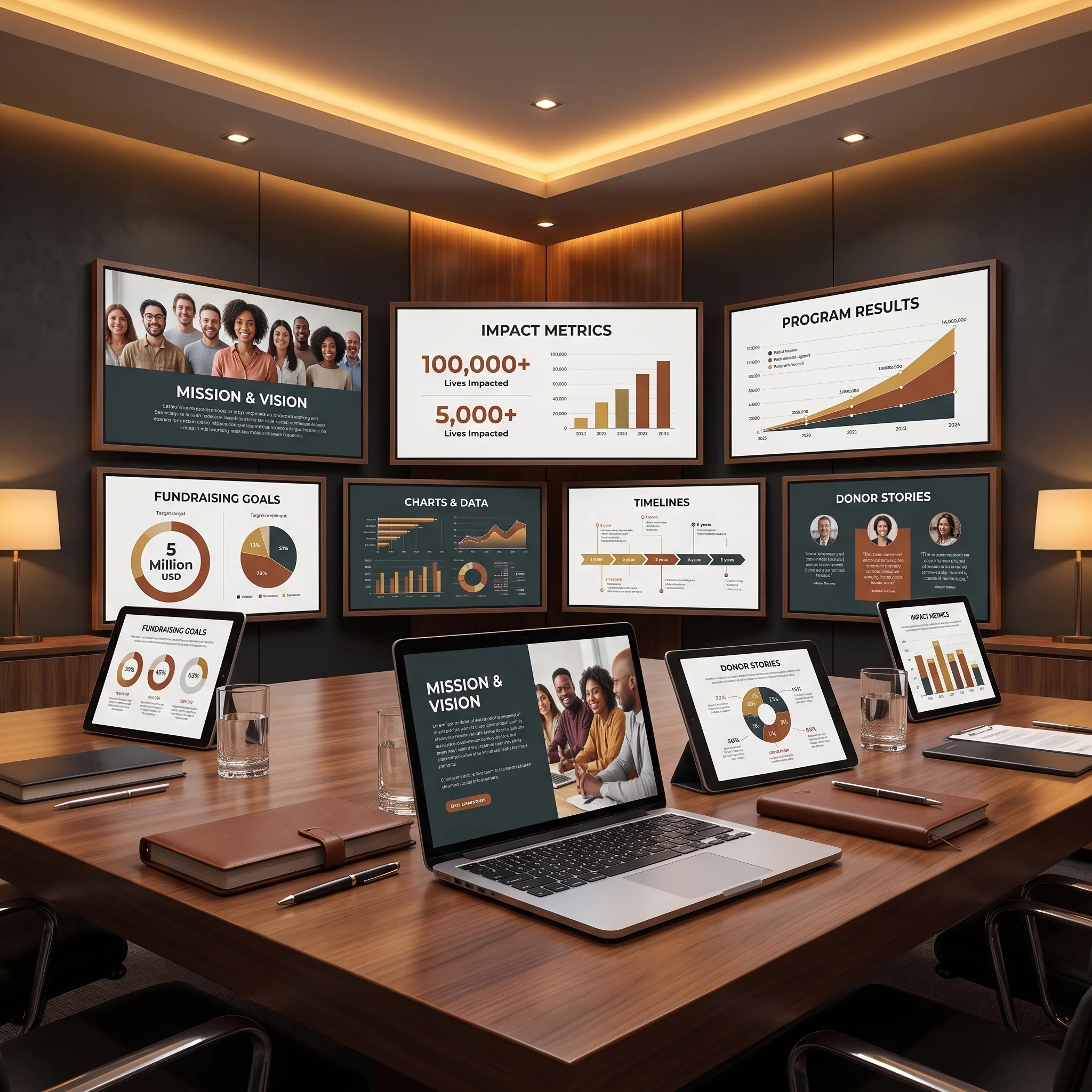 Nonprofit impact presentation with data visualization, fundraising goals, timelines and donor stories