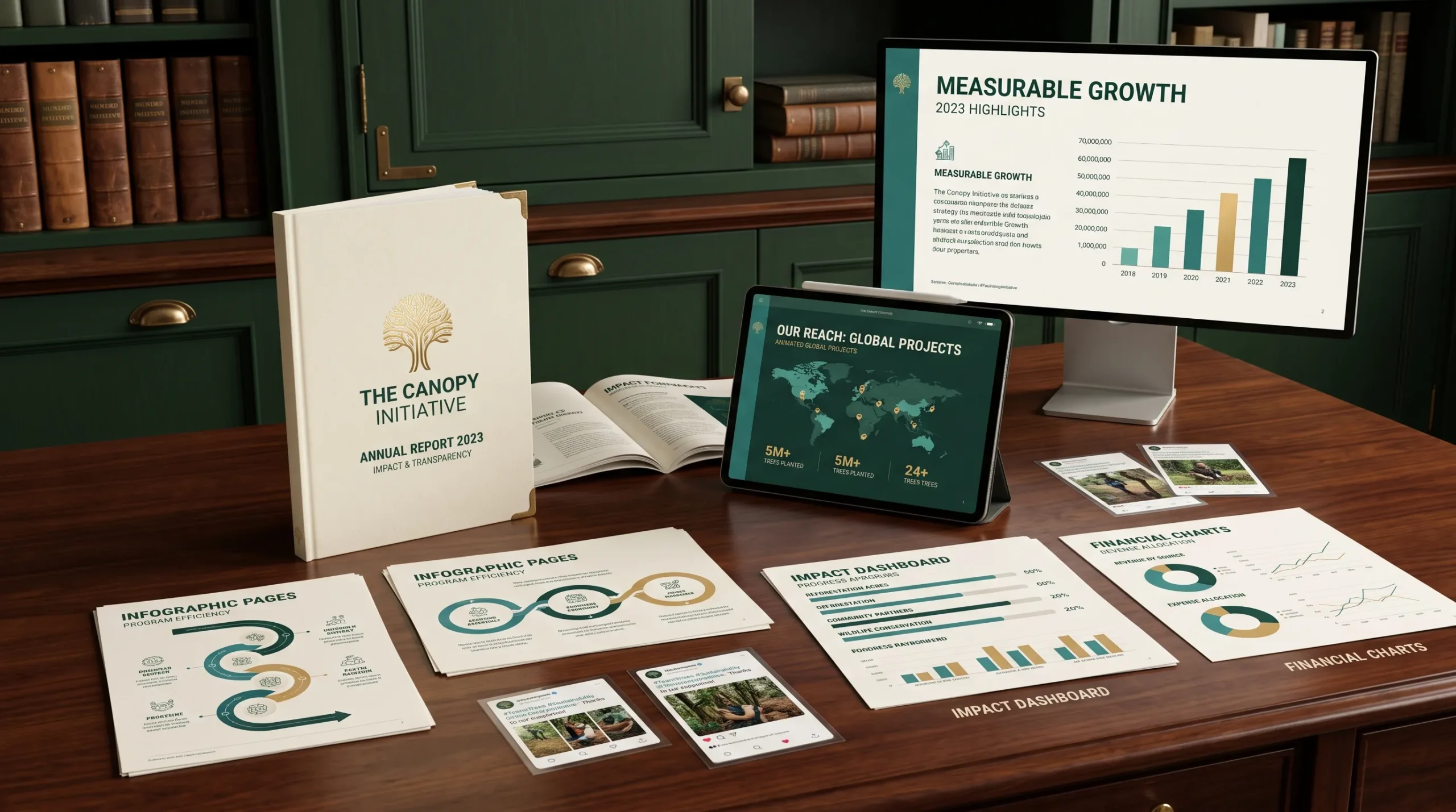 nonprofit impact report design with environmental statistics infographic pages financial charts and project dashboard