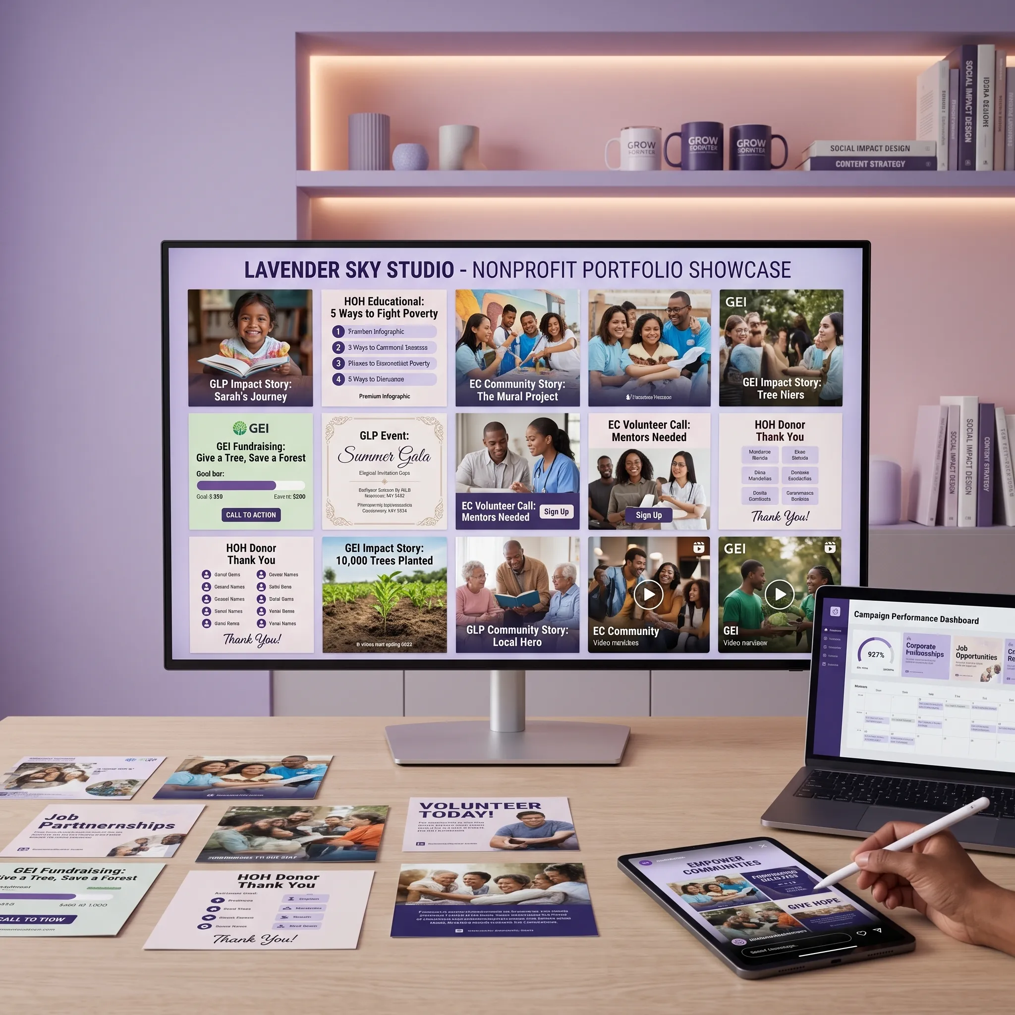 nonprofit portfolio showcase featuring social impact campaign graphics and digital content