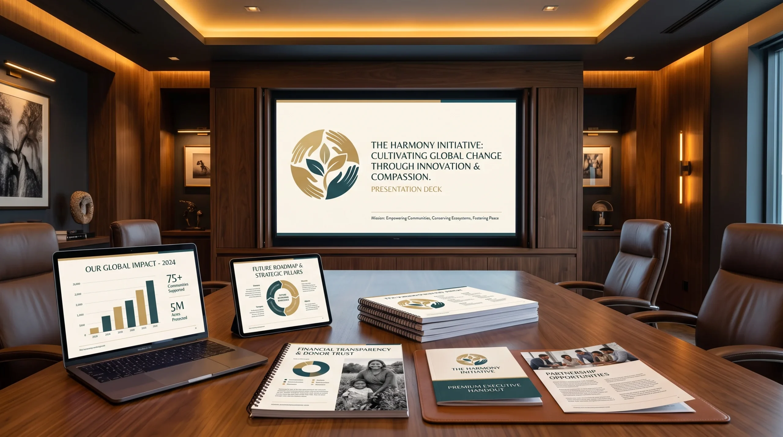 Nonprofit presentation deck showcasing global impact, strategic planning, financial transparency and partnership opportunities