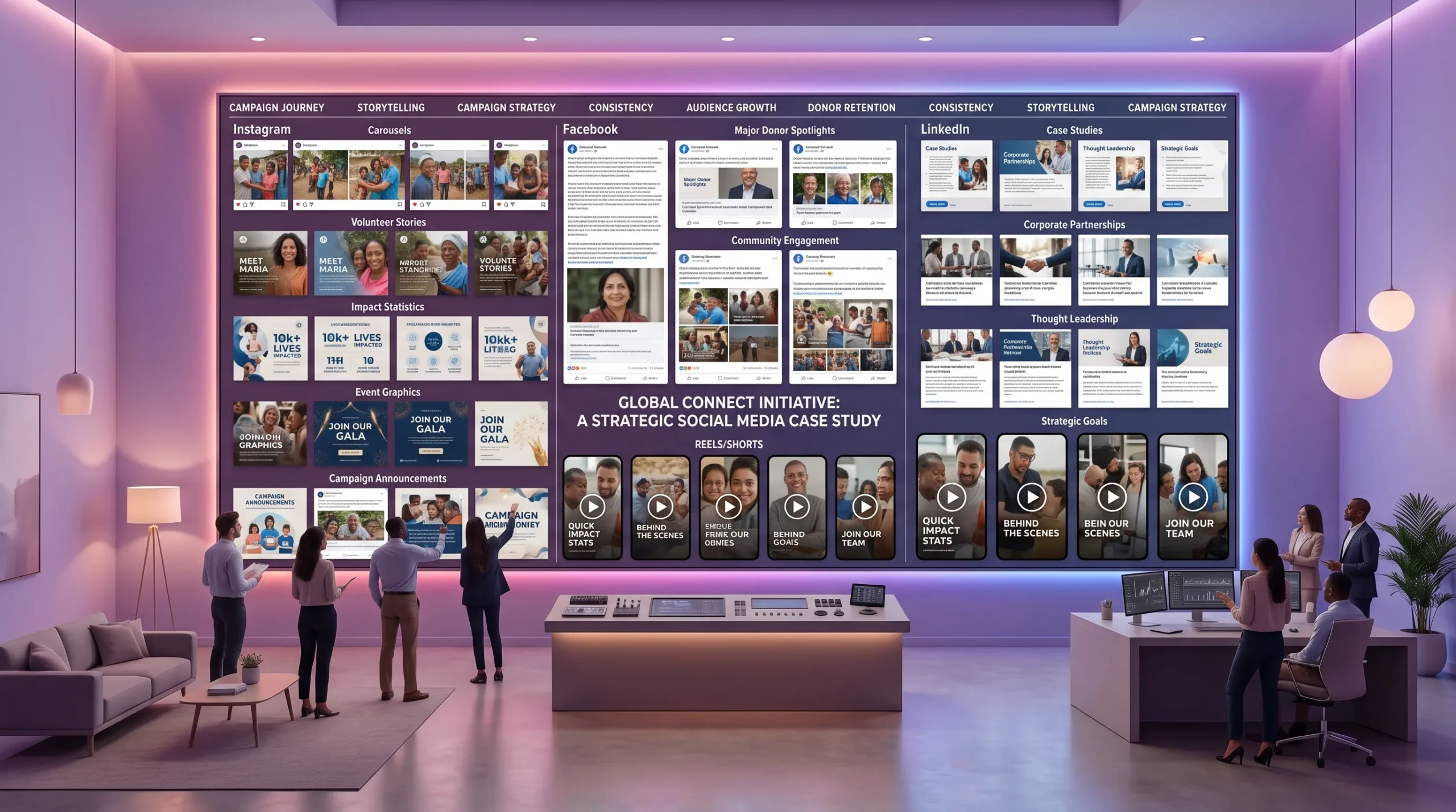 nonprofit social media campaign case study with Instagram Facebook and LinkedIn graphics