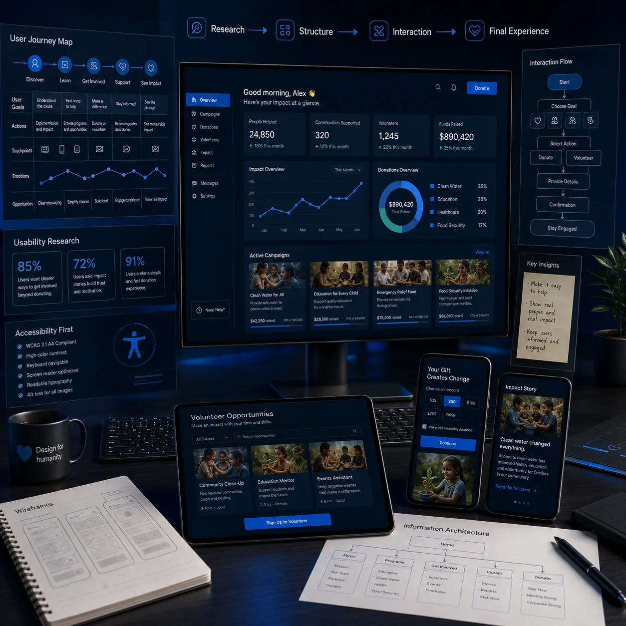 nonprofit website UX design showing user journey, accessibility and responsive interface