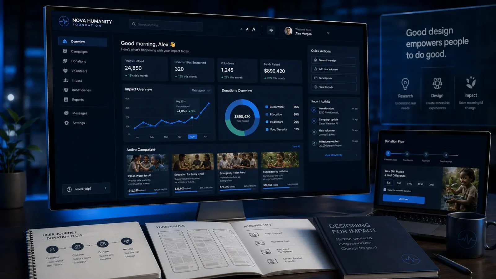 nonprofit website design dashboard and responsive user experience across digital devices