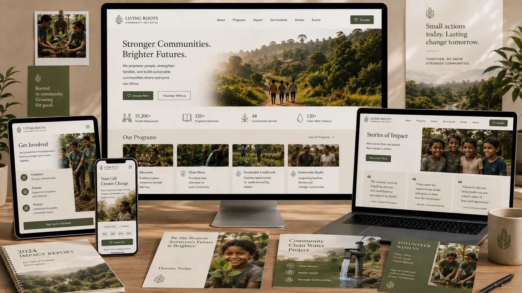 nonprofit website design displayed on desktop monitor with responsive mobile layouts