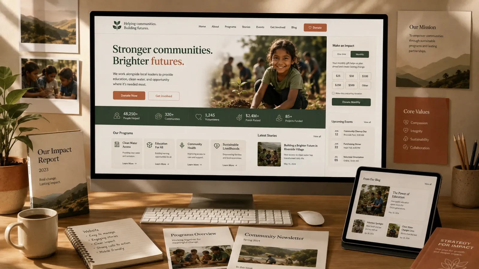 nonprofit website design with donation, programs and impact features