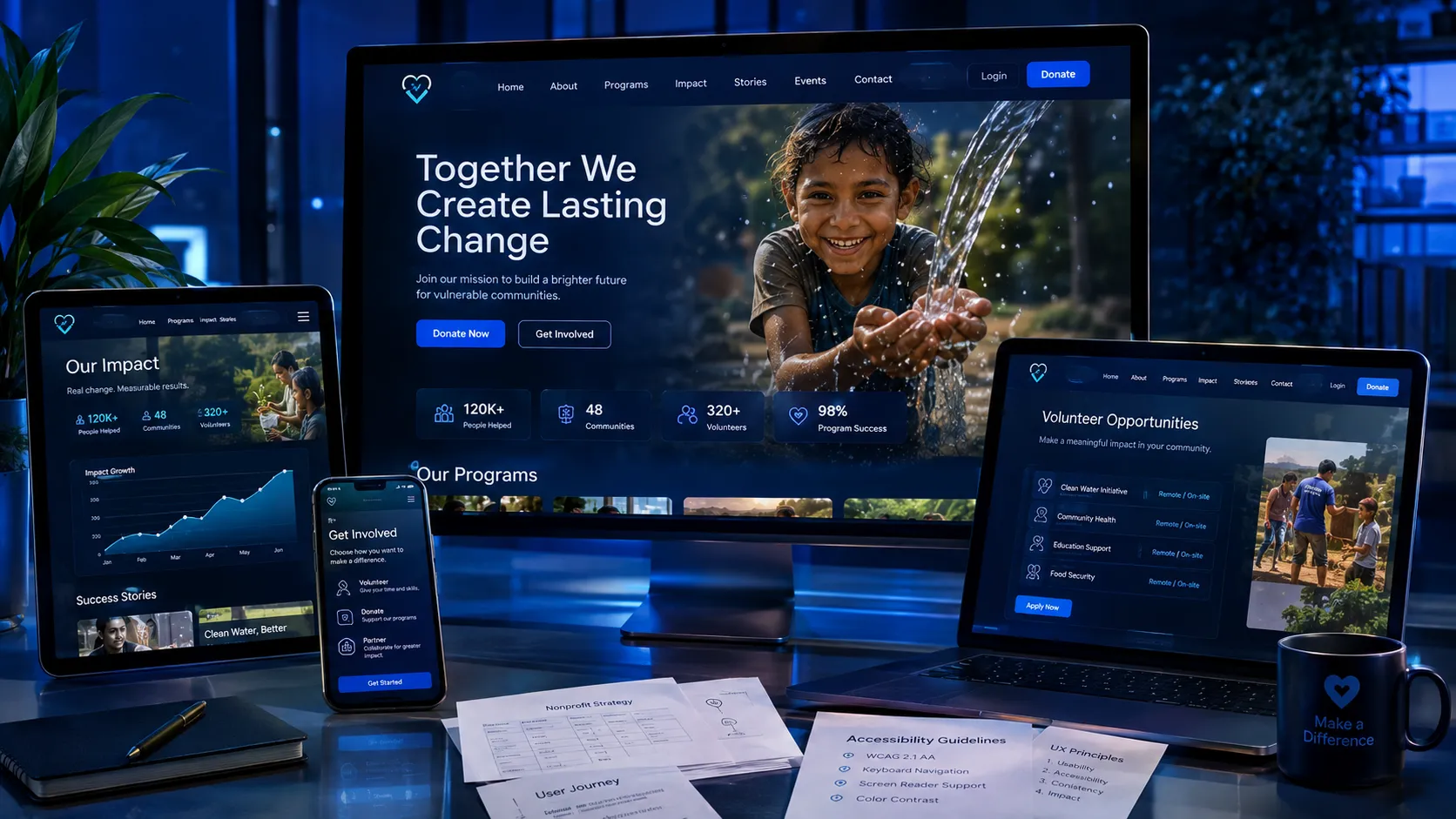 responsive nonprofit website design with donation and volunteer user experiences