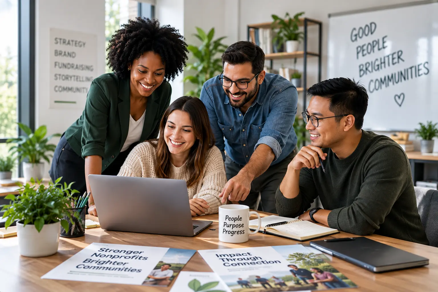 Nonprofit team collaborating on creative strategy and marketing in a modern office