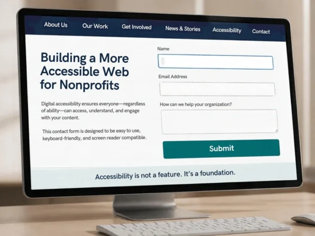 Accessible nonprofit website interface showing high-contrast navigation, clearly labeled form fields, and visible keyboard focus indicators.